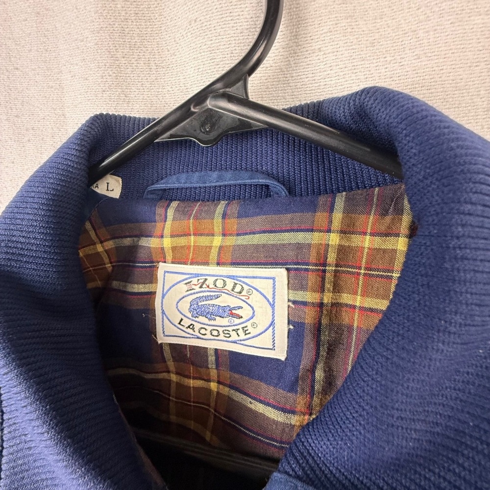 Izod Lacoste Jacket Mens L Navy Blue Harrington Plaid Lined Vintage Bomber Zip - Picture 3 of 9